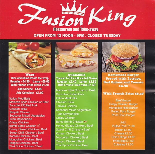 Menu of Fusion King Aberystwyth