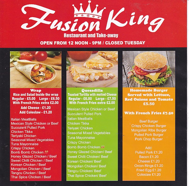 Menu of Fusion King Aberystwyth