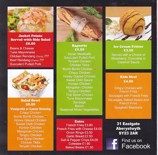 Menu of Fusion King Aberystwyth
