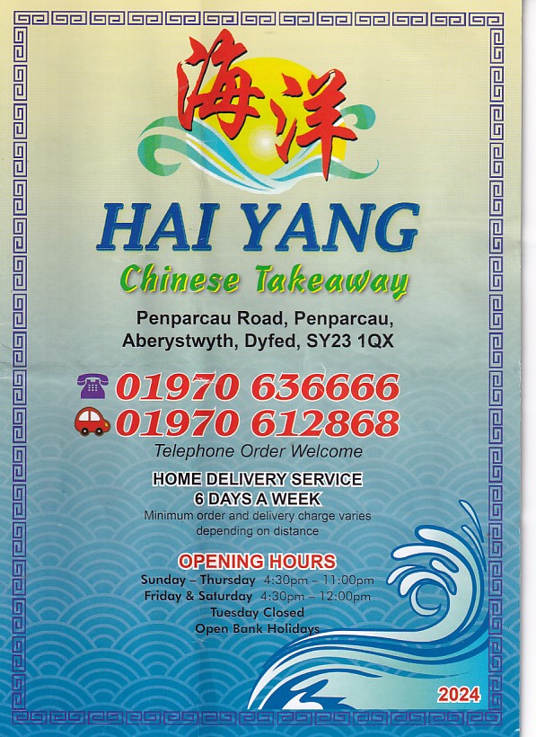 Hai Yang Chinese Menu Aberystwyth