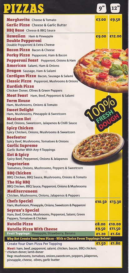 menu of pizzas cardigan town