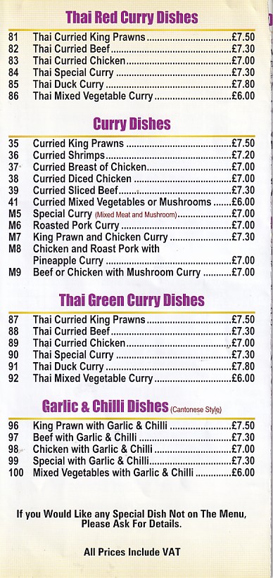 Dragon House Chinese menu, Fishguard