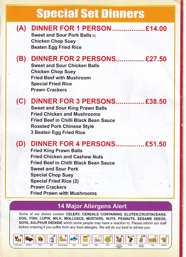 Dragon House Chinese menu, Fishguard