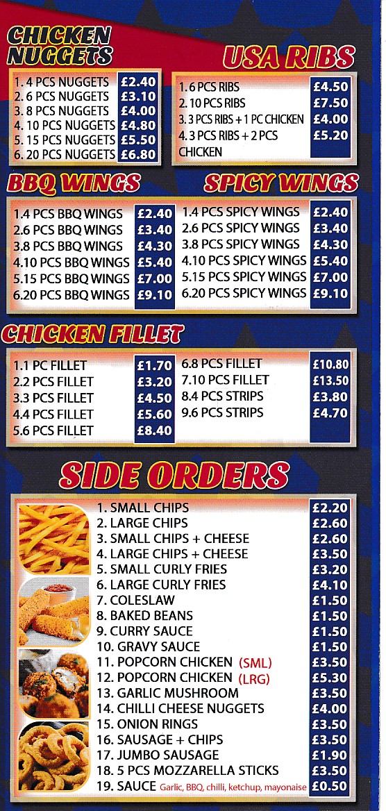 USA Fried Chicken Milford Haven menu