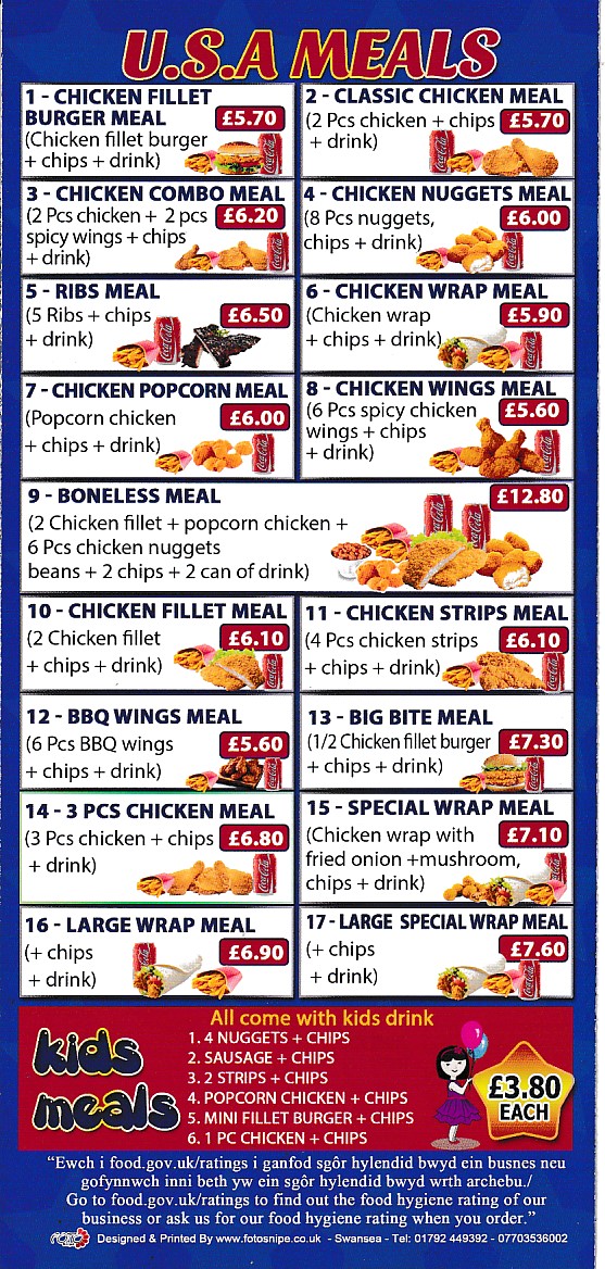 USA Fried Chicken Milford Haven menu