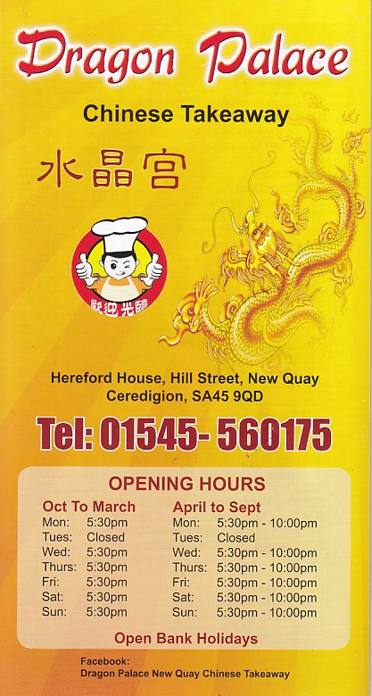 Menu of Dragon Palace,Chinese Takeaway in Newquay Ceredigion