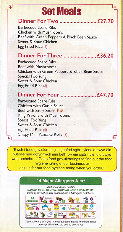 Menu of Dragon Palace,Chinese Takeaway in Newquay Ceredigion