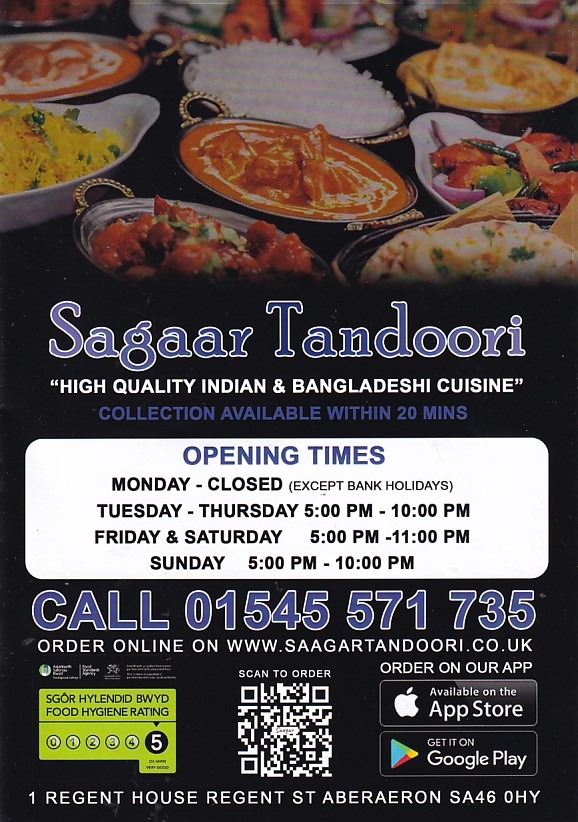 Menu of Saagar Tandoori Takeaway in Aberaeron