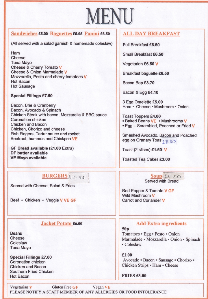 Menu of Oriel Tir Y Mor cafe