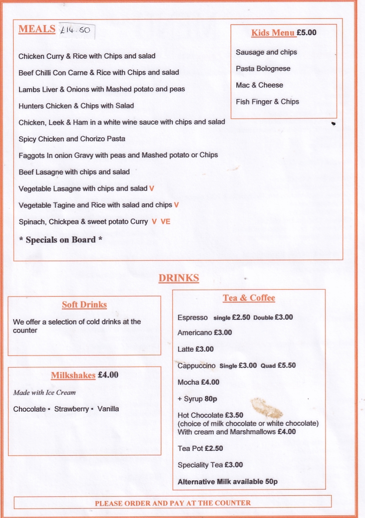 Menu of Oriel Tir Y Mor cafe