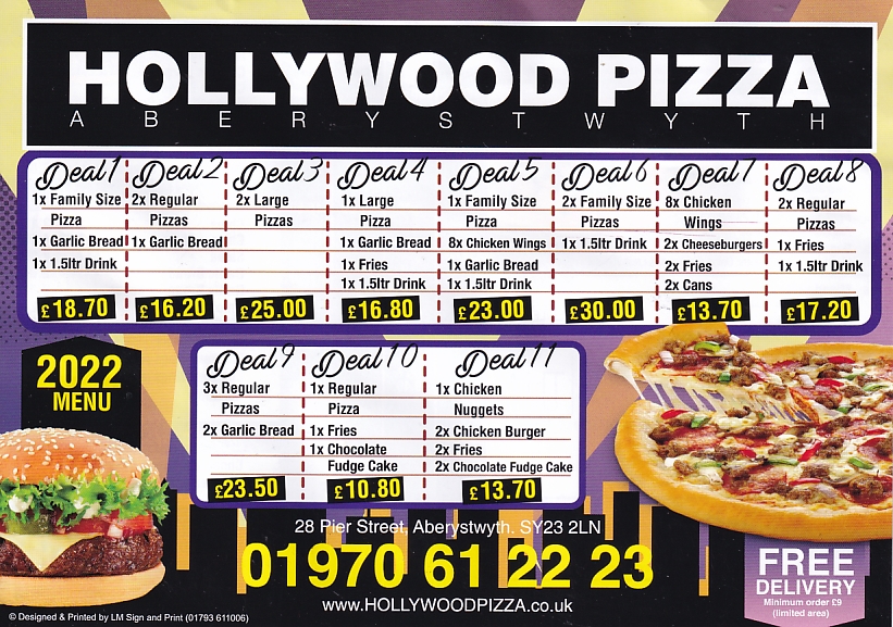 Menu of Hollywood Pizza Aberystwyth