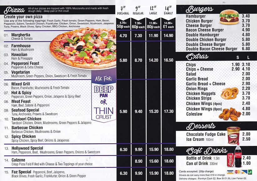 Menu of Hollywood Pizza Aberystwyth