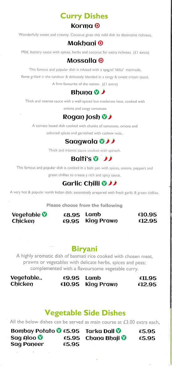 Menu of Light of Asia, Aberystwyth