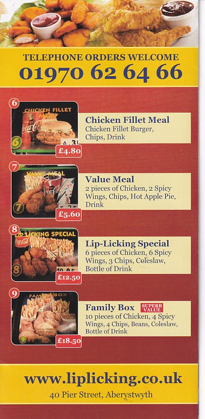 Menu of Lip Licking Fried Chicken Aberystwyth