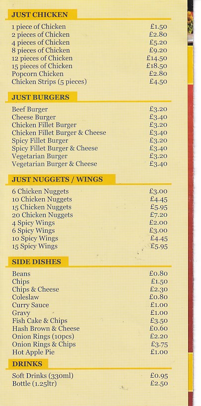 Menu of Lip Licking Fried Chicken Aberystwyth