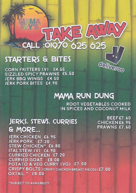 Menu of Mama Fays, Aberystwyth