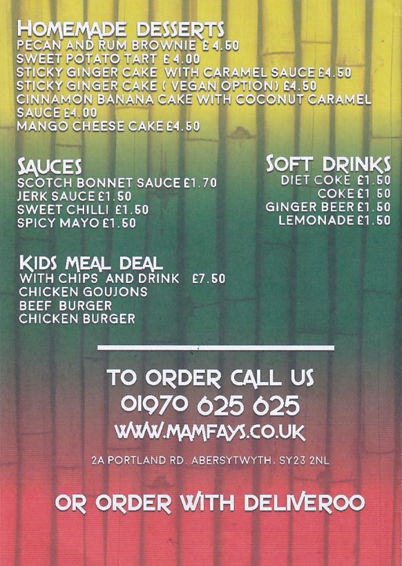 Menu of Mama Fays, Aberystwyth