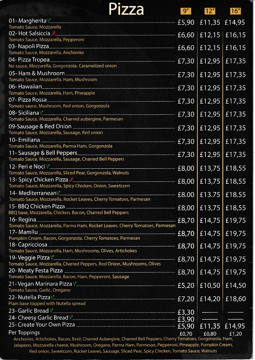 Menu of Penguin Pizza Cafe Aberystwyth