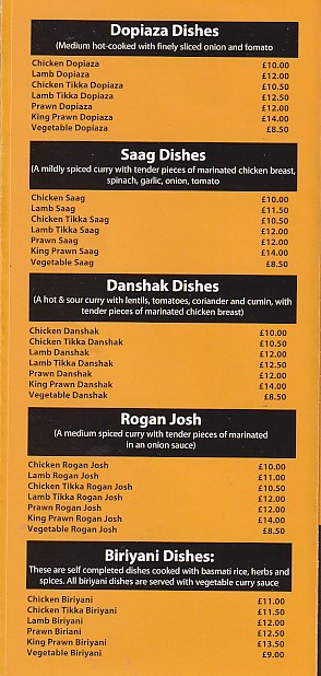 Menu of Ranas Kitchen, Aberystwyth