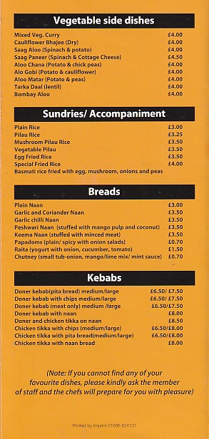  Menu of Ranas Kitchen, Aberystwyth