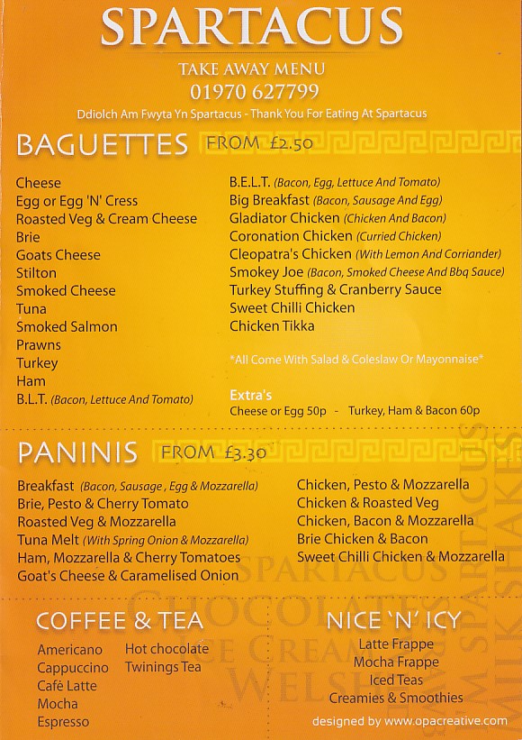 Menu of Spartacus Aberystwyth