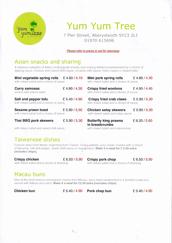 Menu of Yum Yum Tree  Aberystwyth