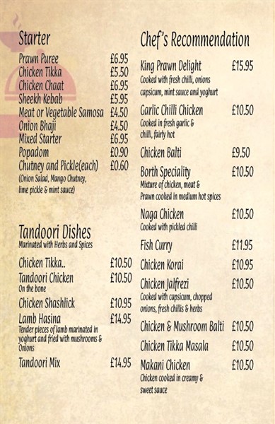 Menu of Borth Tandoori, 