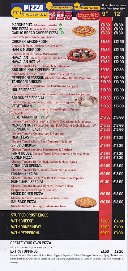 Menu of Fishguard Kebab Pizza