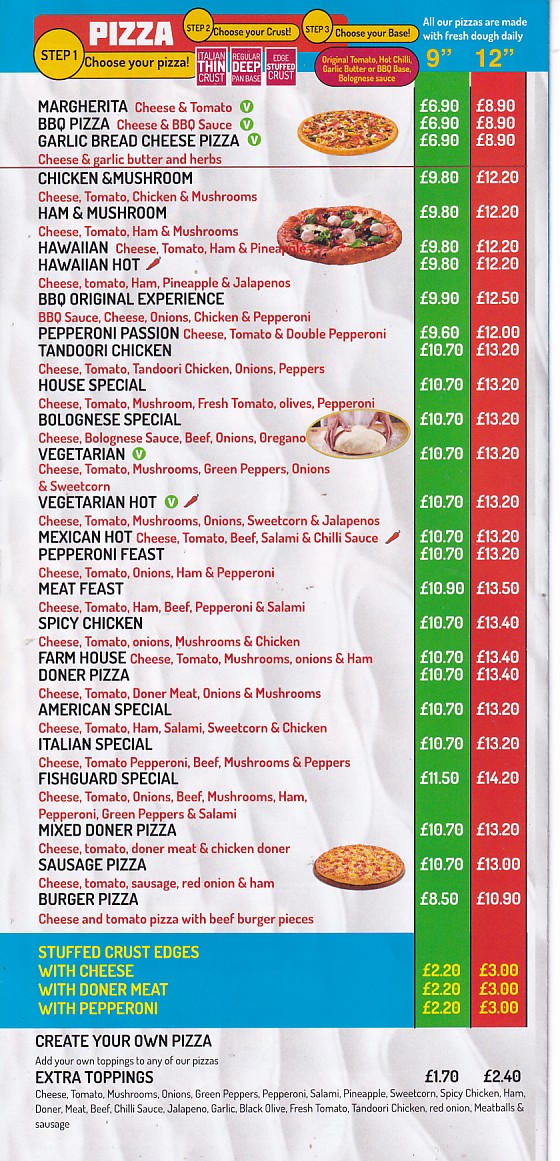 Menu of Fishguard Kebab Pizza
