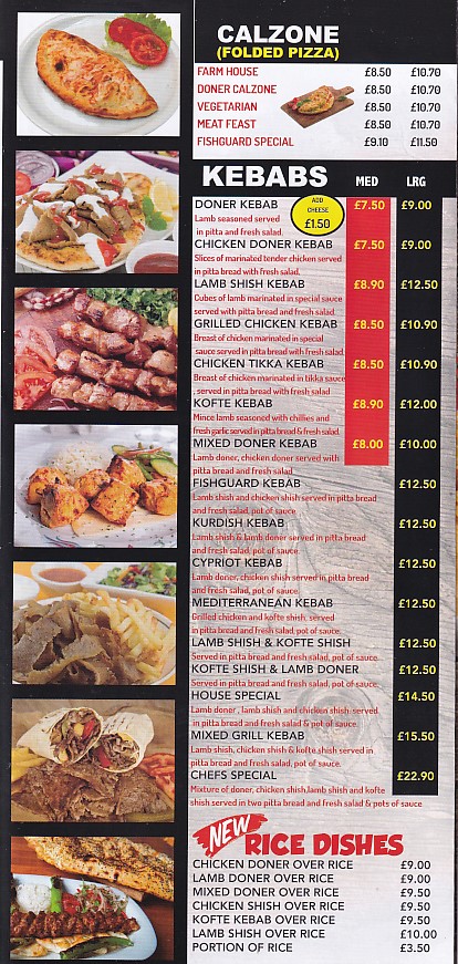 Menu of Fishguard Kebab Pizza