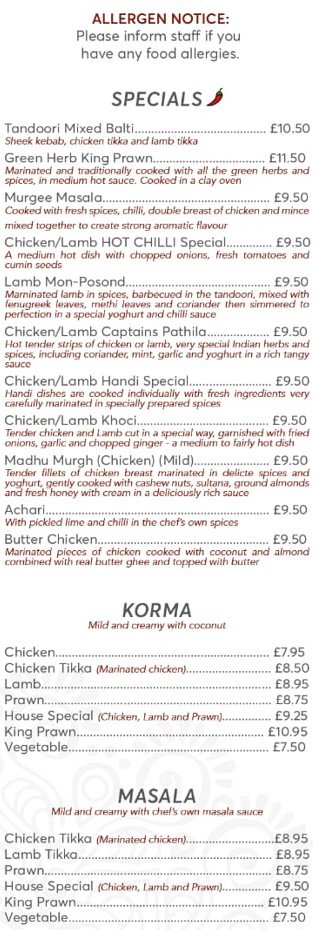 Hot Chilli indian menu fishguard